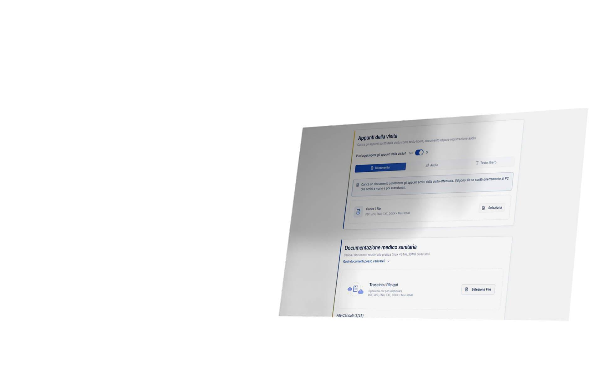 Schermata di un'interfaccia utente in italiano per caricare appunti della visita medica e documentazione sanitaria, con opzioni per caricare file, testo libero o audio.