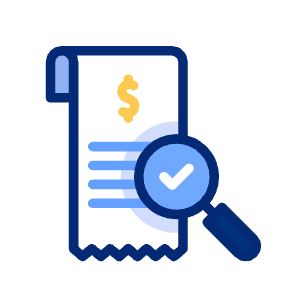 Ricevuta con simbolo del dollaro e lente d'ingrandimento con segno di spunta.