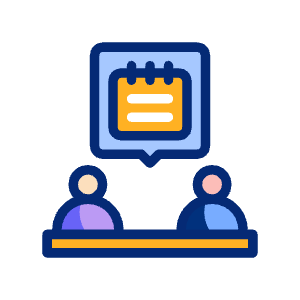 Due persone sedute a un tavolo con un'icona di calendario sopra che indica un appuntamento.