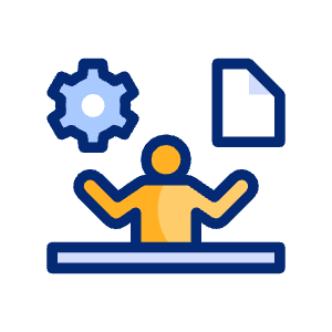 Icona di una figura umana arancione con ingranaggio e documento sopra, rappresenta consulenza o supporto tecnico.