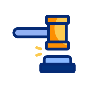 Martelletto da giudice giallo e blu che colpisce la base.