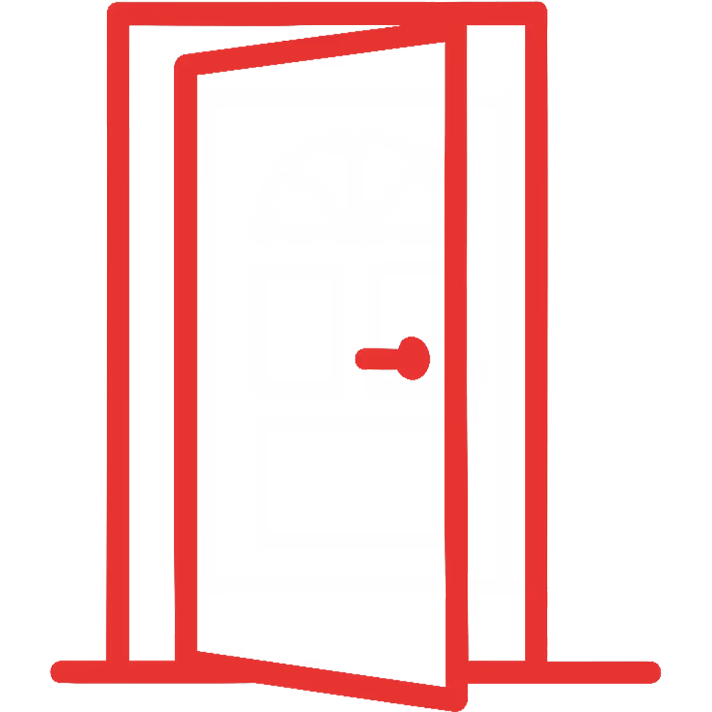 Red outline icon of an open door with a round doorknob.