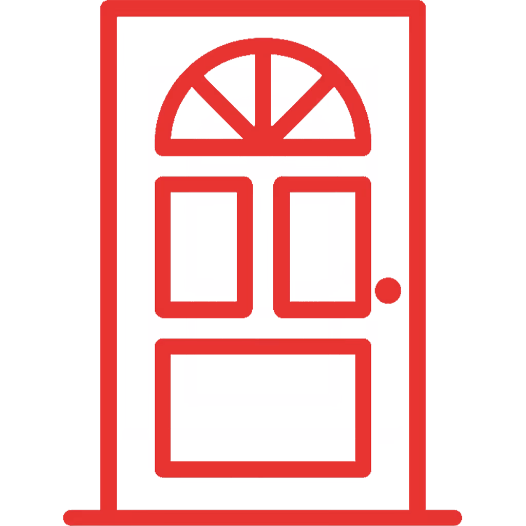 Red outline illustration of a panelled door with a semicircular fanlight and a door knob on the right.