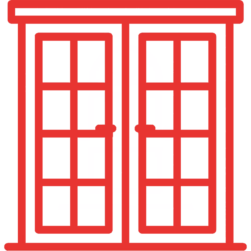 Red outlined double door with glass panes and handles.