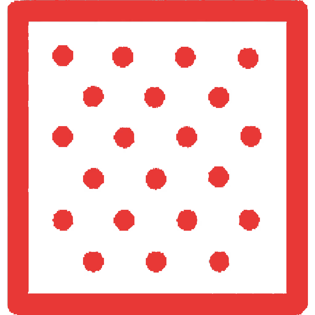 Black square with five horizontal rows of evenly spaced red circles inside a thick red border.