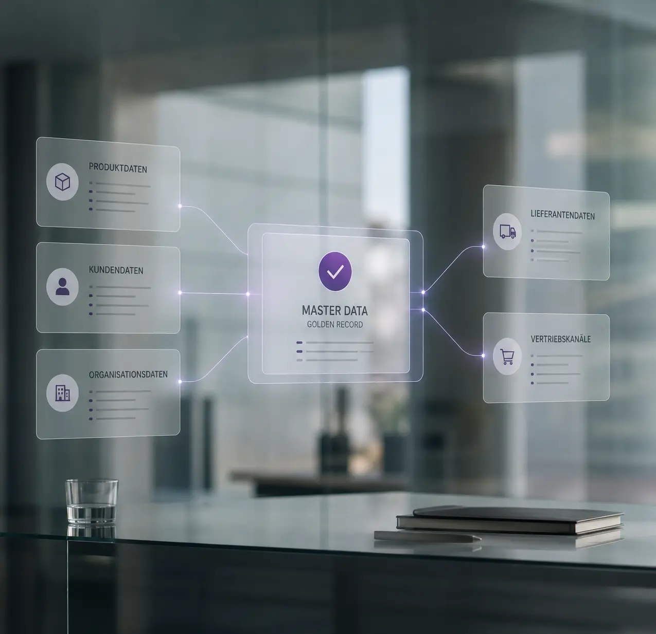 Visualisierung einer Master Data Management Strategie mit zentraler Stammdatenbasis für Produkt-, Kunden- und Lieferantendaten.