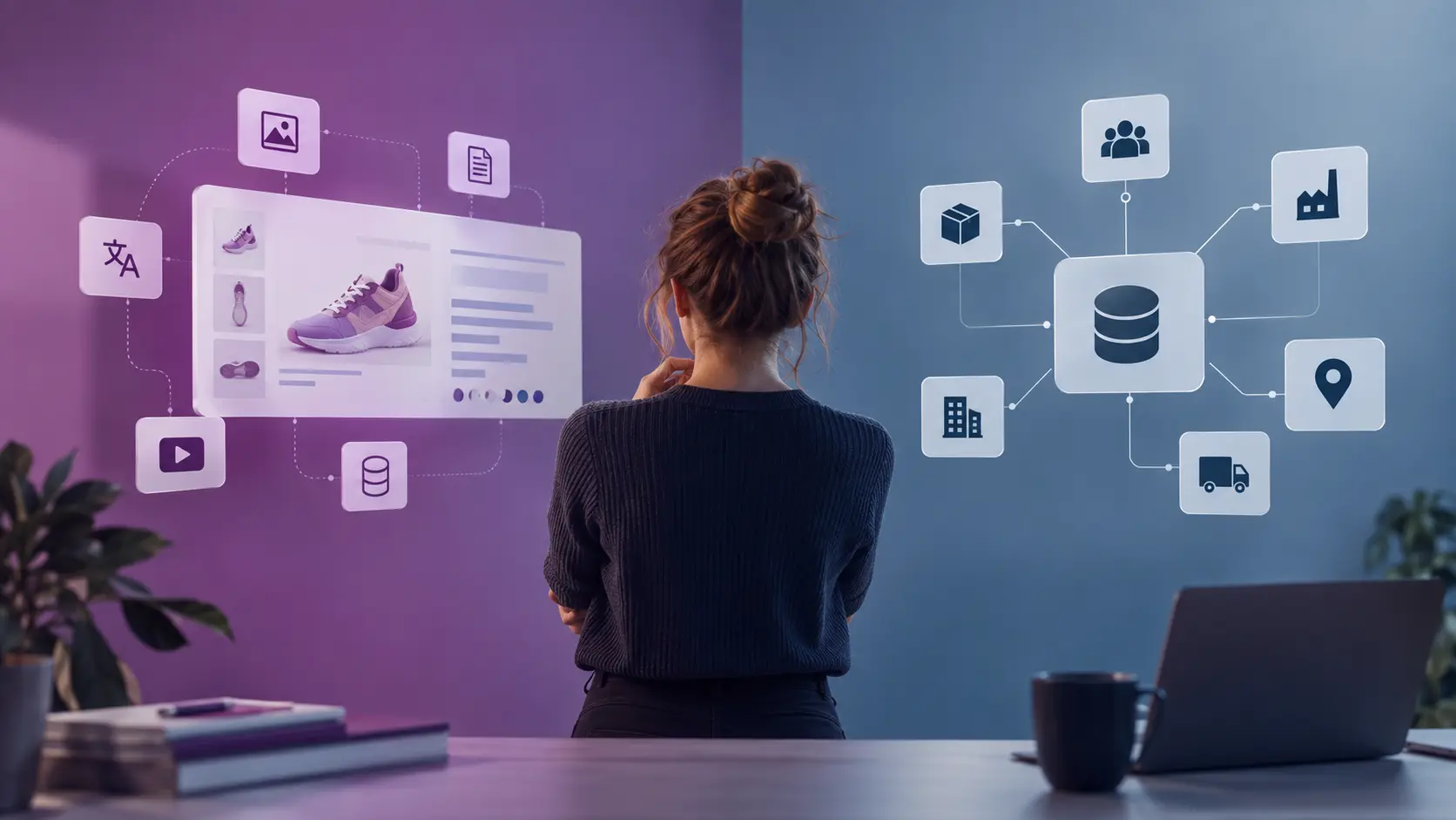 Frau vor einer Visualisierung von PIM und MDM mit Produktinformationen und zentral vernetzten Stammdaten.