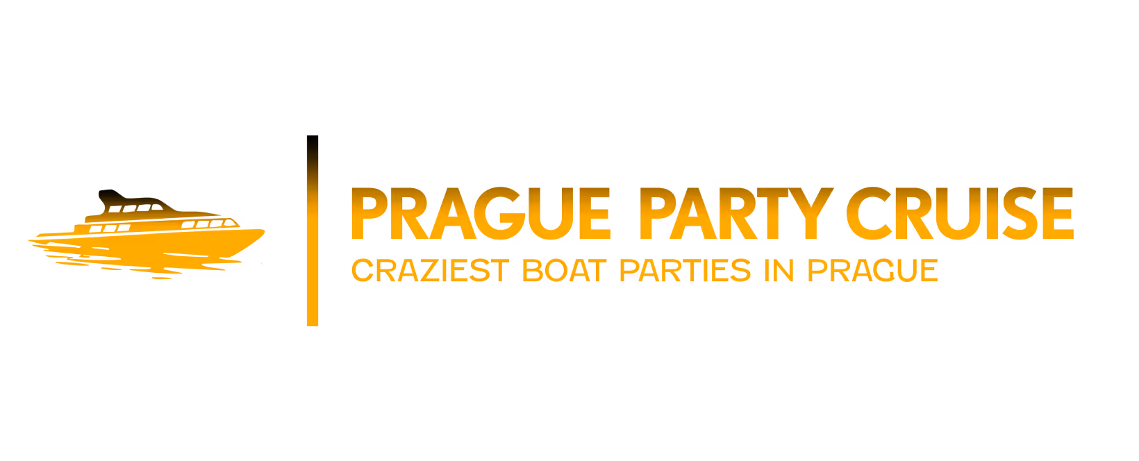 Orange silhouette of a cruising boat next to text reading 'Prague Party Cruise: Craziest Boat Parties in Prague' on black background.