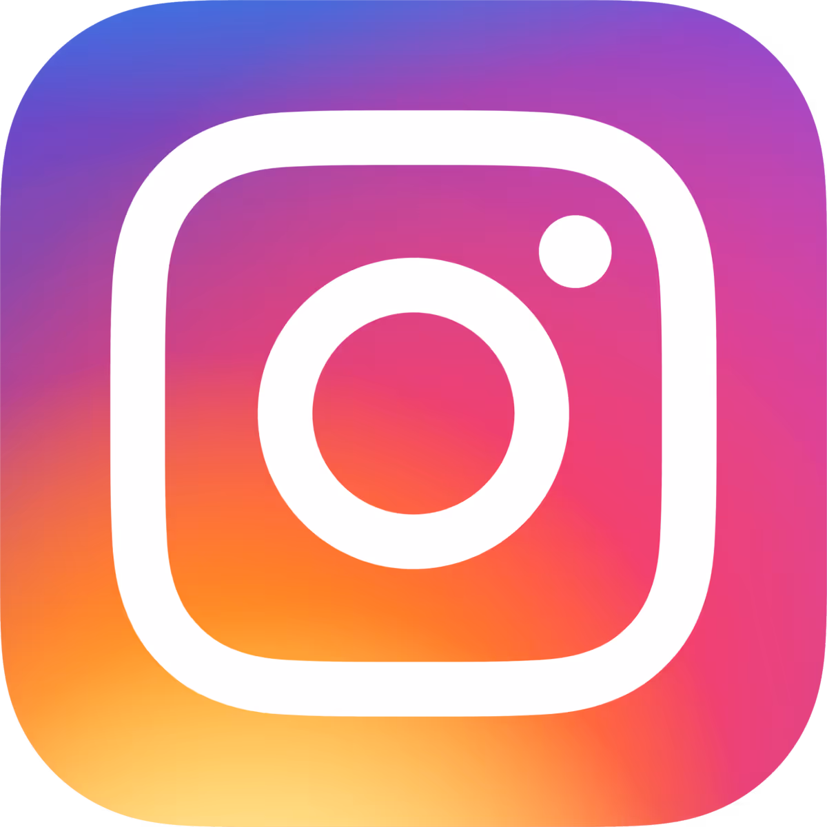 Instagram logo with a white camera outline on a purple, pink, and orange gradient background.