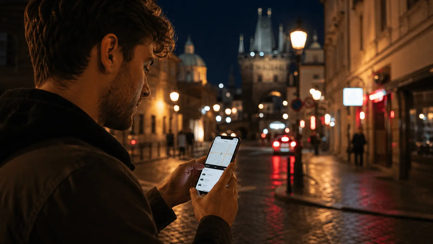 Solo traveler ordering a ride-hailing car on a Prague street at night