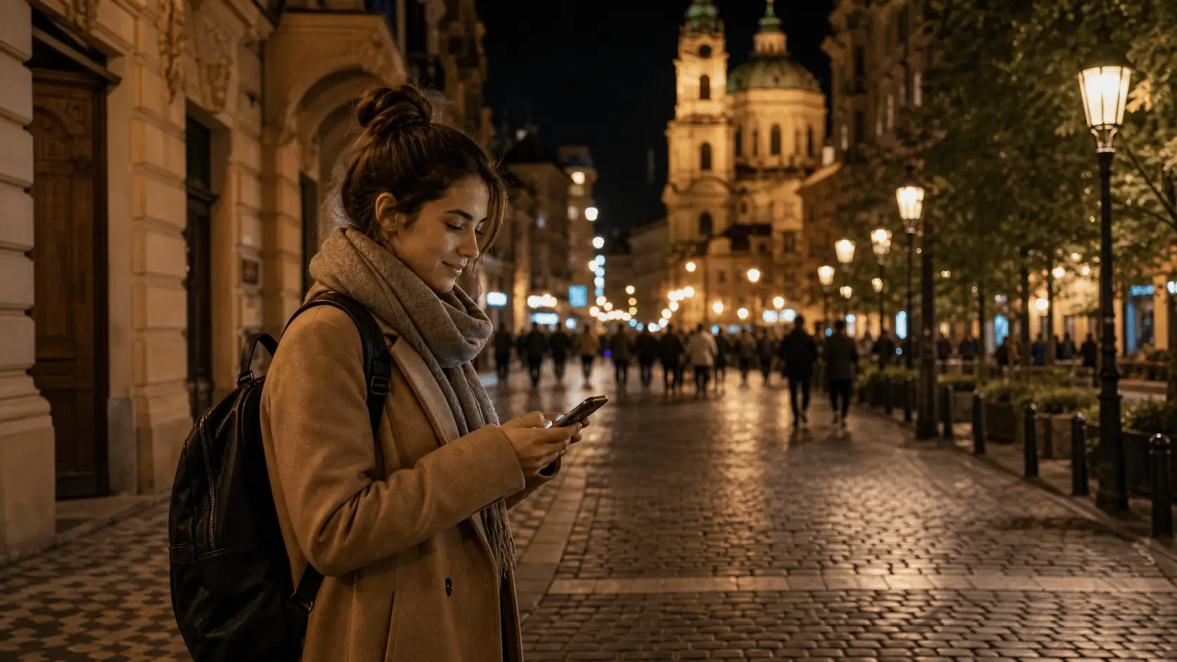 Solo traveler checking a phone on a well-lit Prague street at night