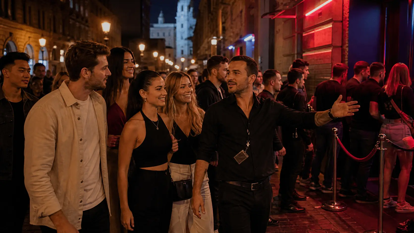 Event host leading guests past a nightclub queue