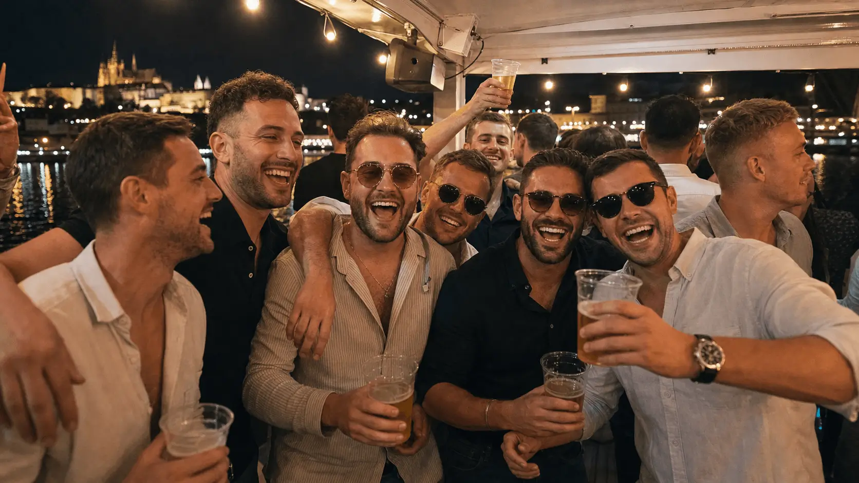 Large stag group laughing on a party boat deck in Prague
