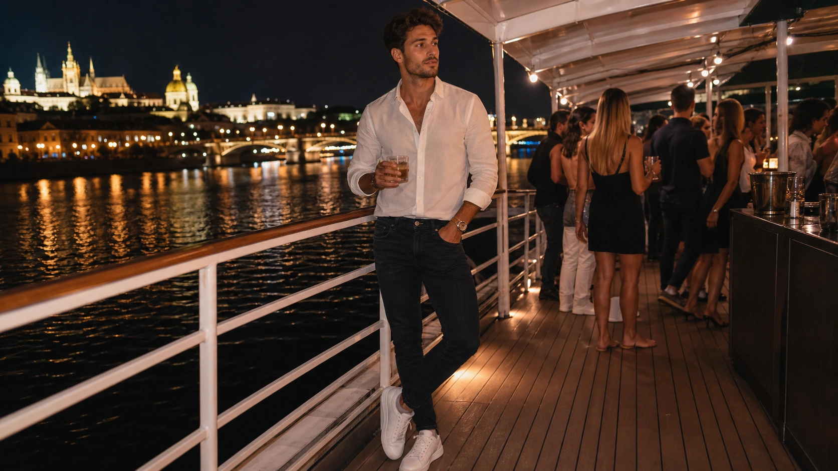 Man wearing dark jeans, clean sneakers and a button-down shirt on a boat deck at night