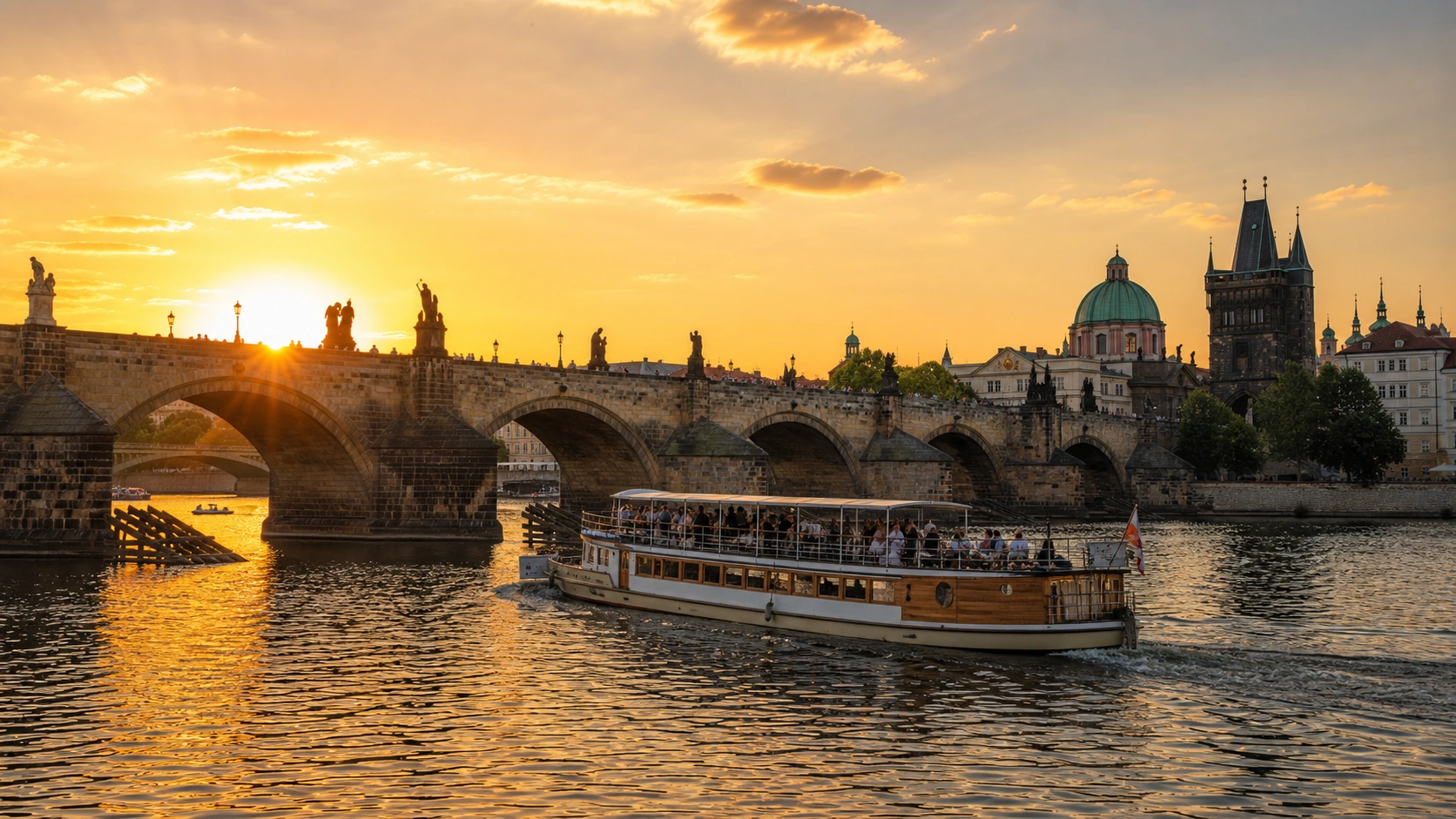 Party boat cruising on the Vltava river near Charles Bridge at sunset