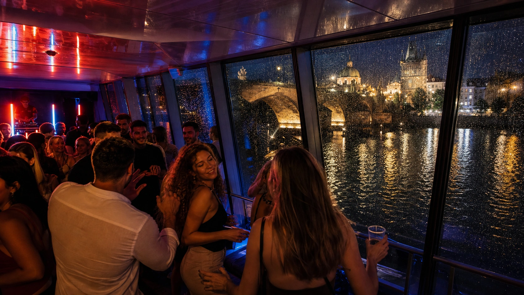 Guests inside a covered Prague party boat during rain at night