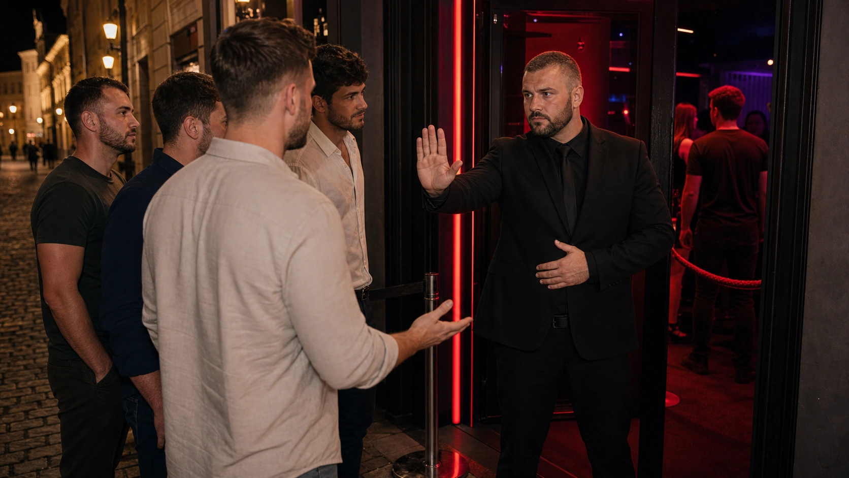 Nightclub bouncer stopping a stag group at a Prague club entrance