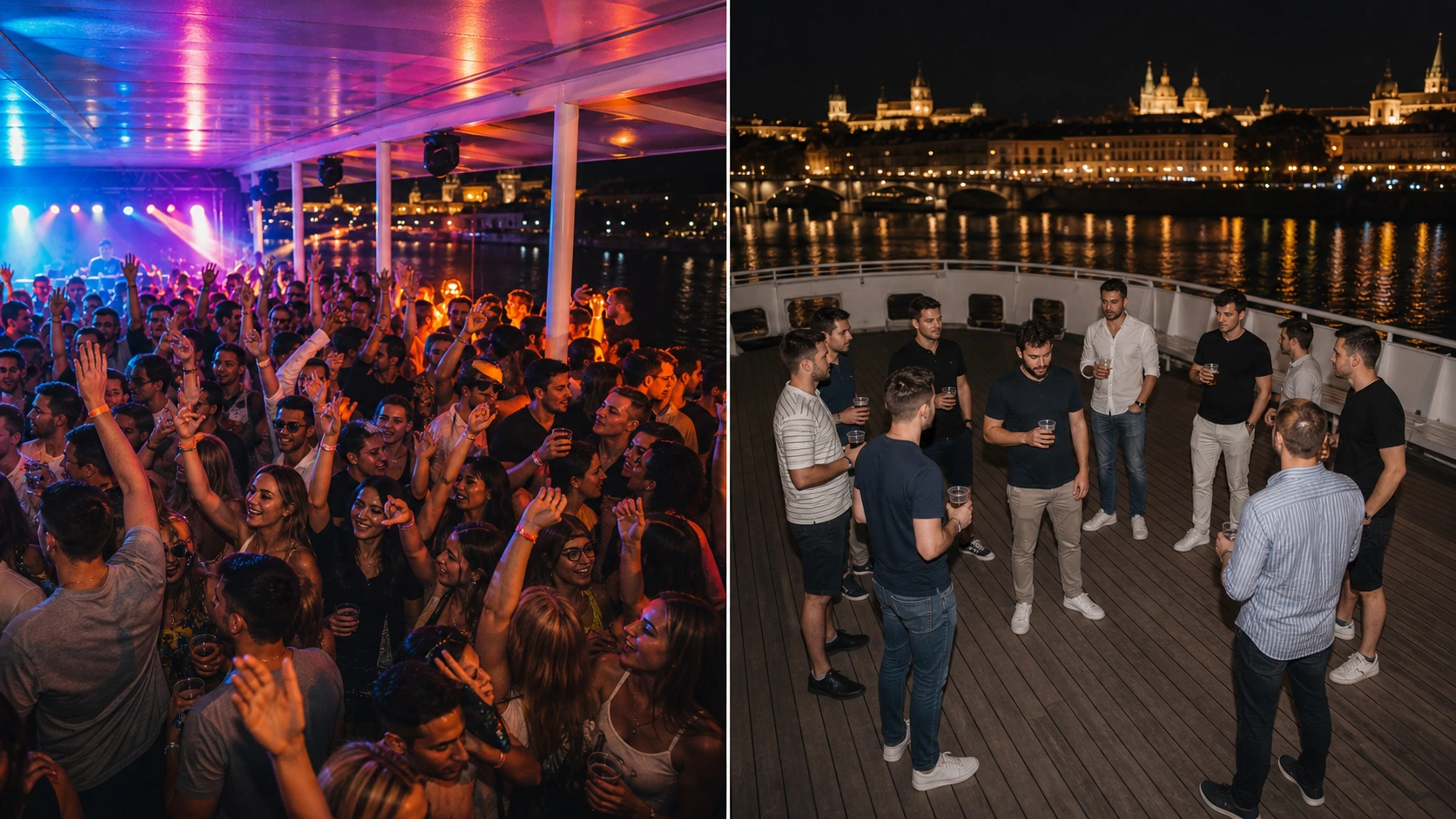 Split-screen comparison of a packed public party and an empty private vessel