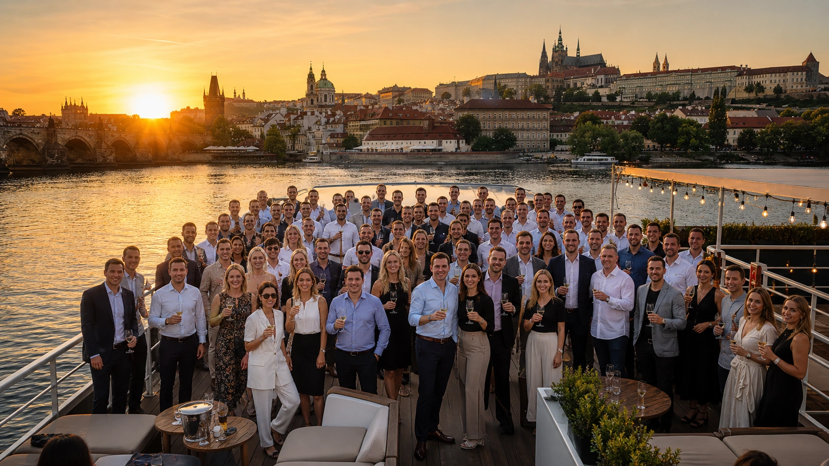 Large corporate group on a private river cruise at sunset