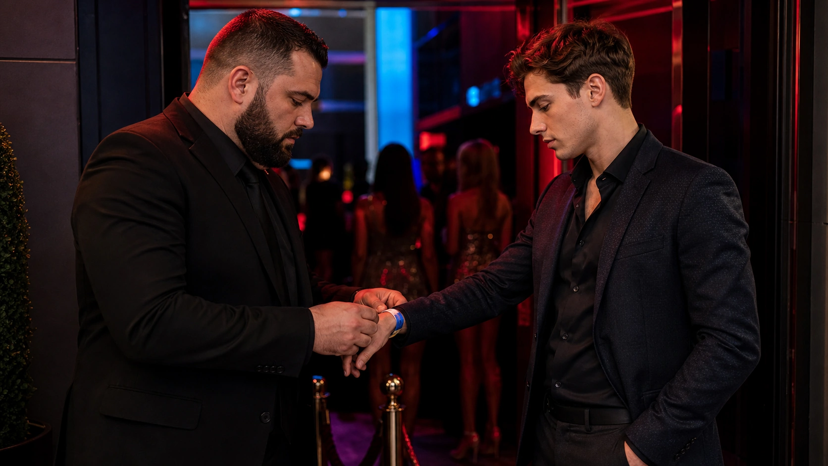 Bouncer checking a fast-track wristband at a nightclub entrance