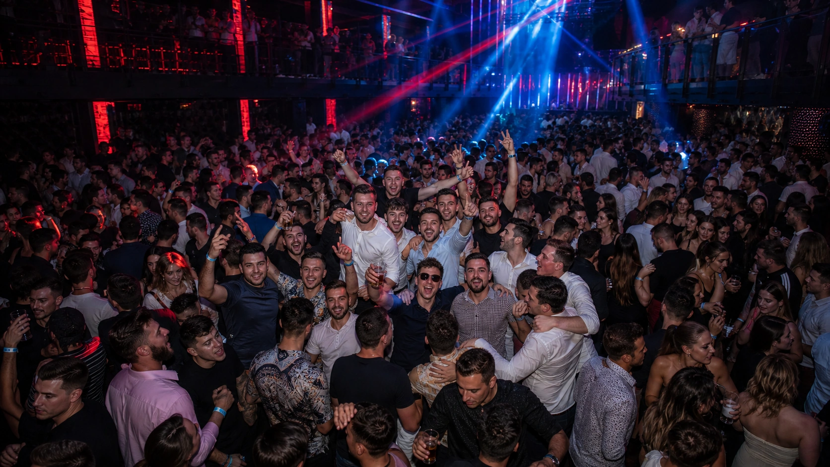 Large stag group staying together in a packed multi-story nightclub