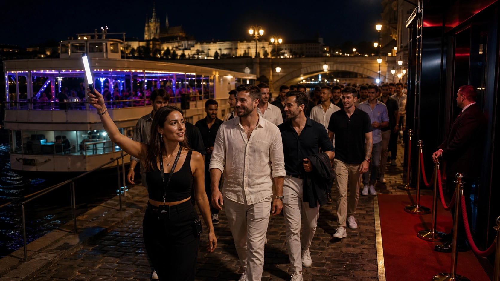 Event guide leading a stag group from a party boat to a nightclub entrance