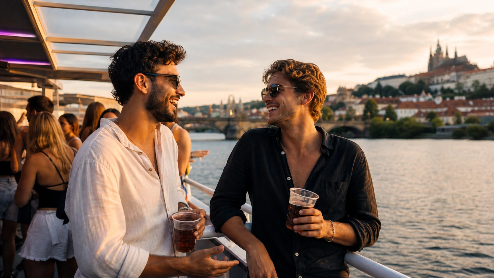 Two solo travelers talking at the railing of a river party vessel