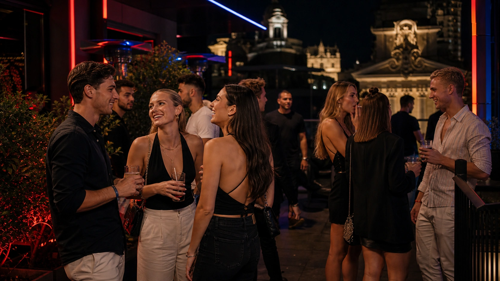 International crowd socializing in an outdoor nightclub area