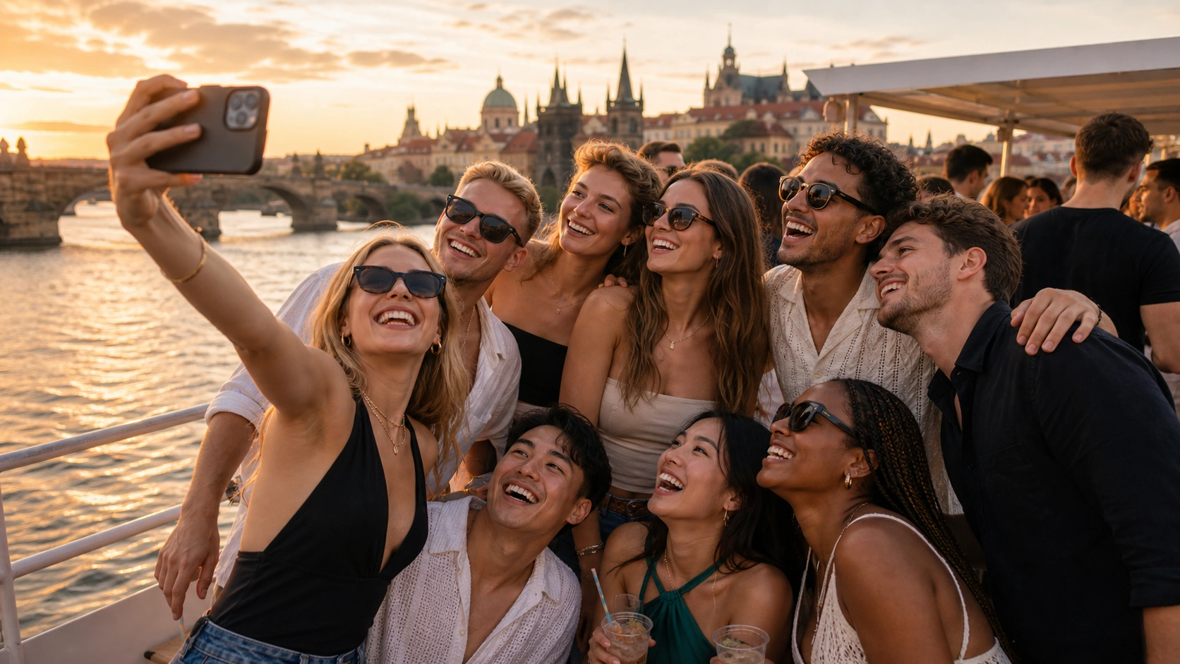 Erasmus students taking a group selfie on a Prague party boat