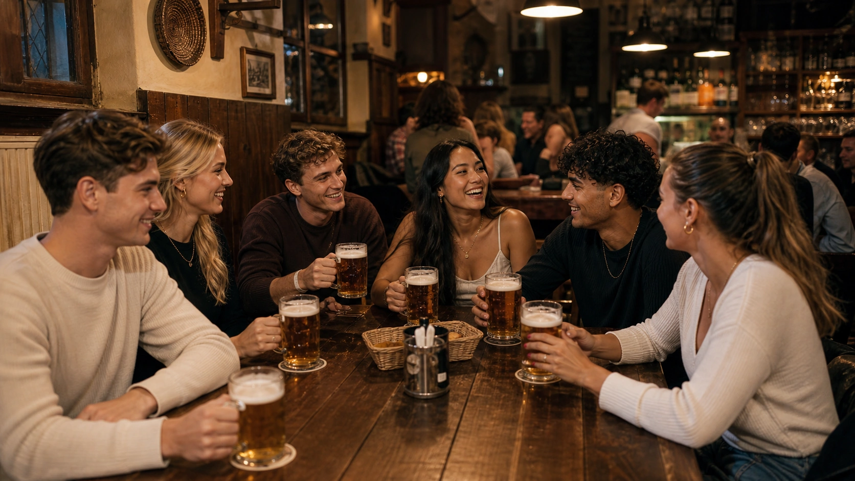International students drinking Czech beer in a local Prague pub