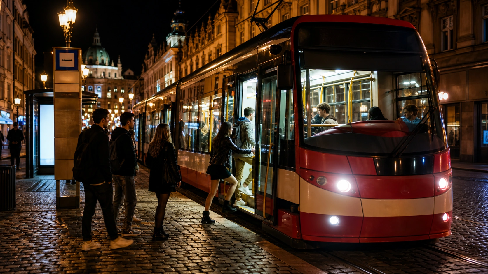 Students boarding a red Prague tram at night