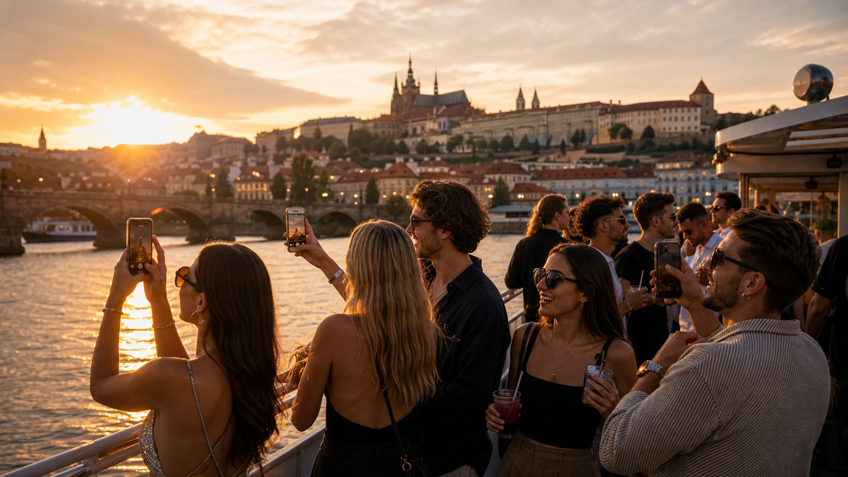 Golden hour boat party guests taking photos with Prague Castle in the background