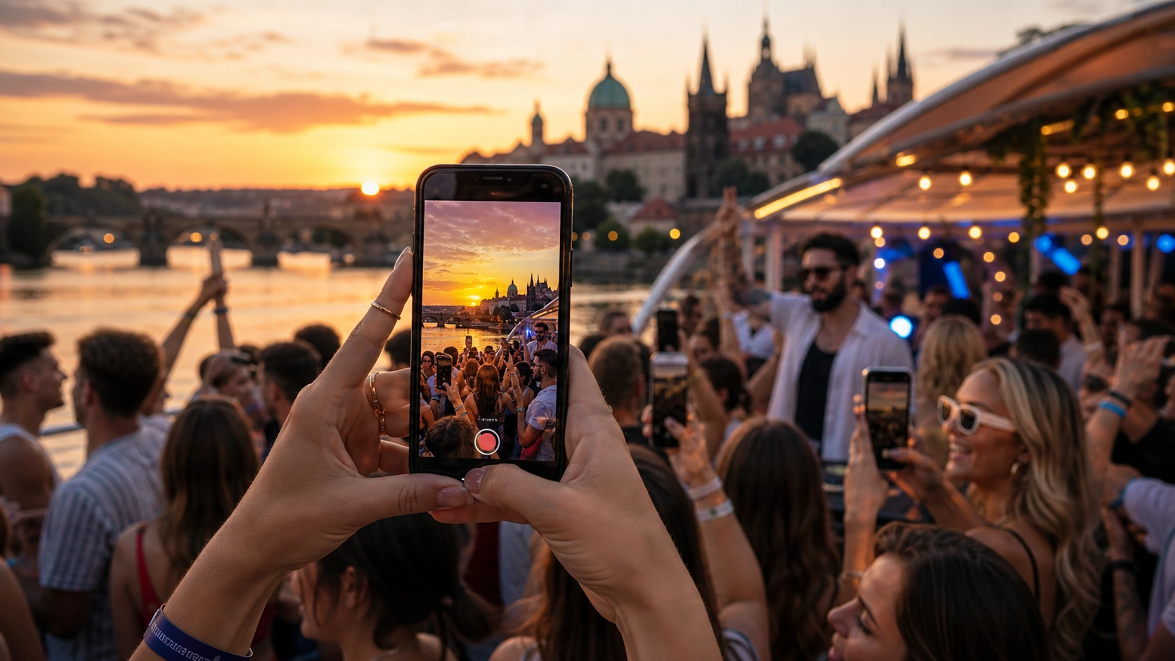 Smartphone recording a sunset boat party video in Prague