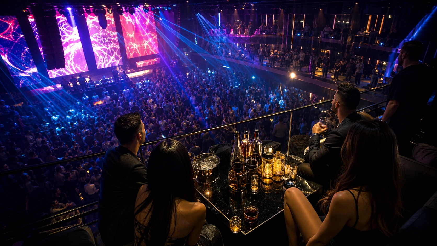 VIP balcony table overlooking a crowded nightclub dancefloor with lasers and LED screens
