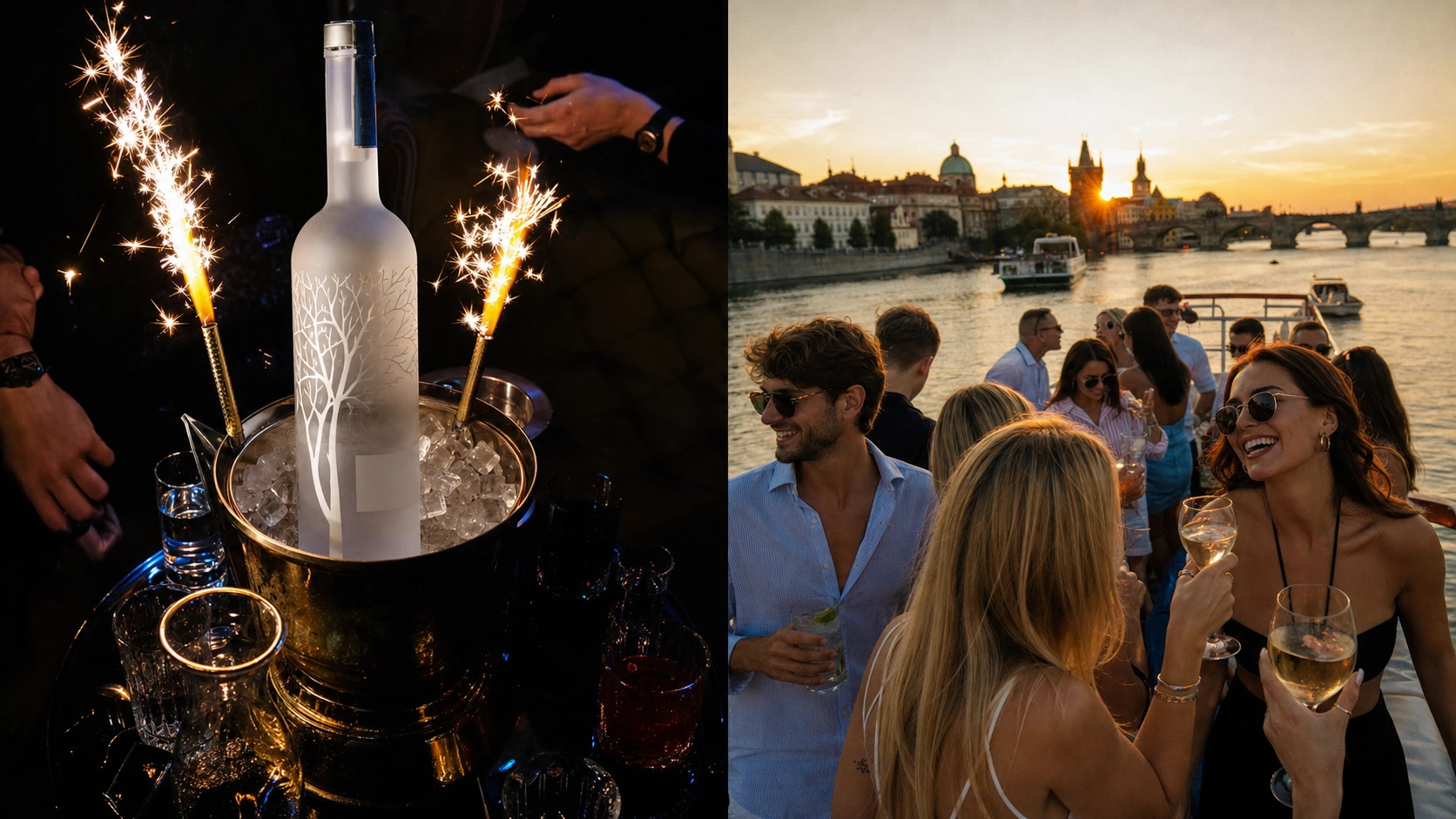 Split-screen comparison of VIP bottle service and a sunset Prague boat party