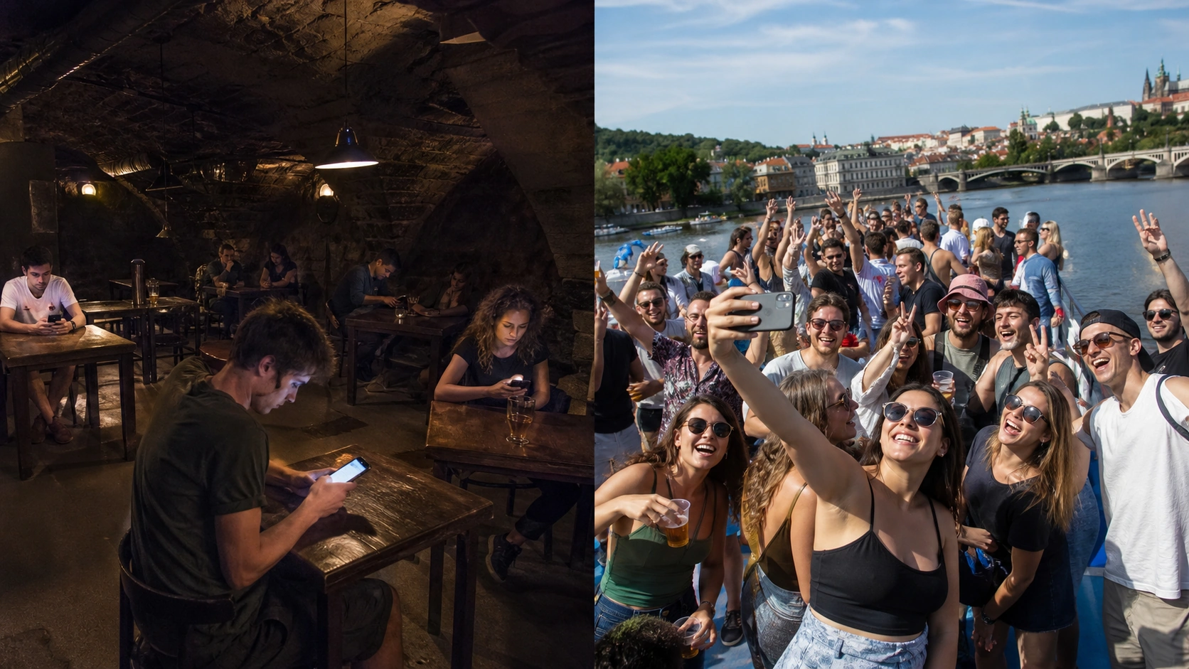 Split-screen comparison of quiet hostel bar hopping and a social Prague boat party