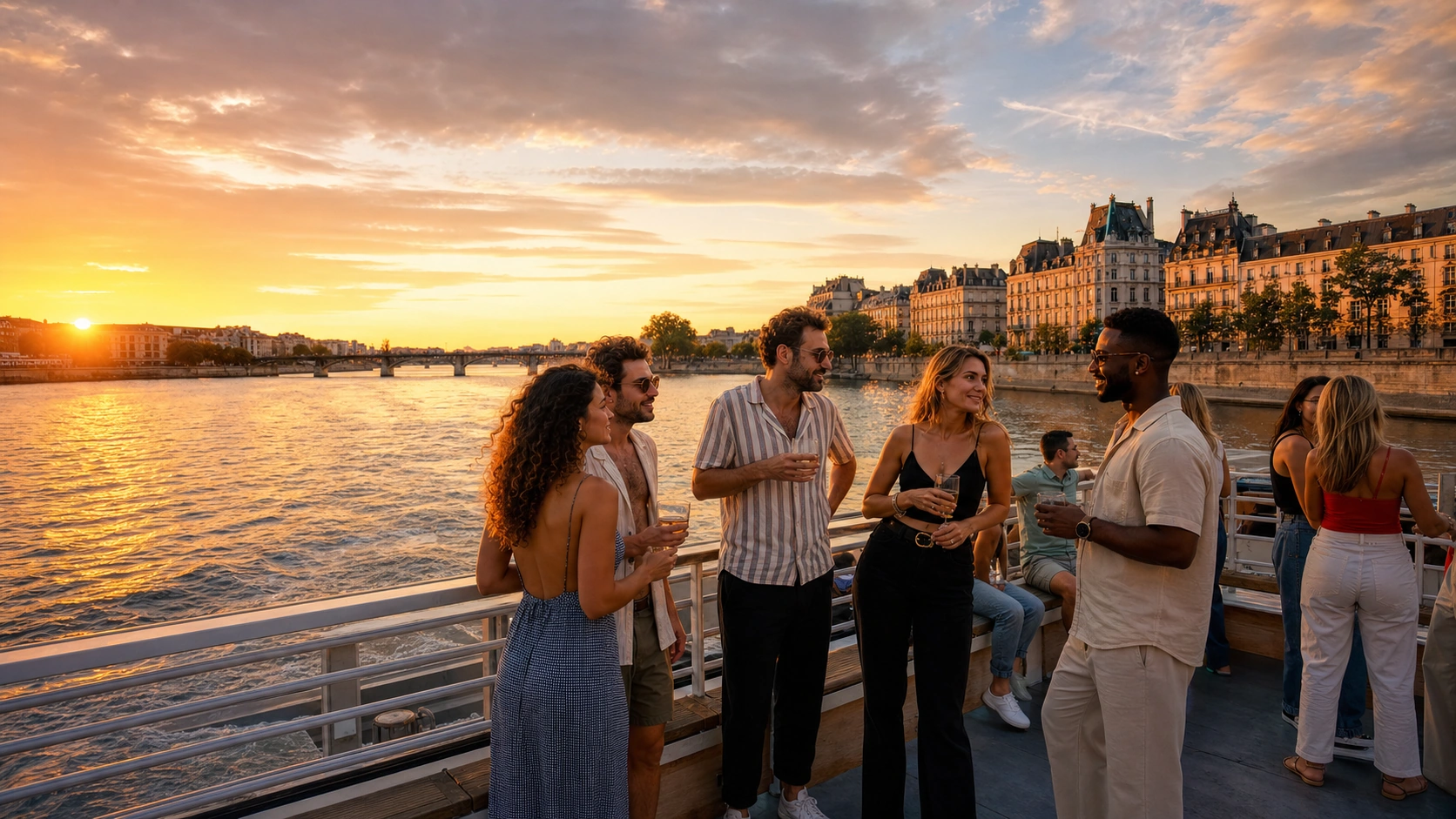 Open-air party boat deck where travelers can talk near the river at sunset