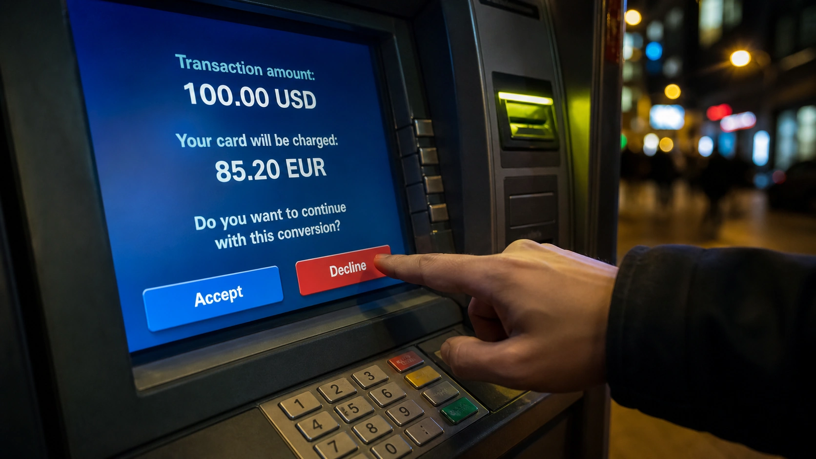 ATM screen at night showing a currency conversion prompt with a hand pressing decline