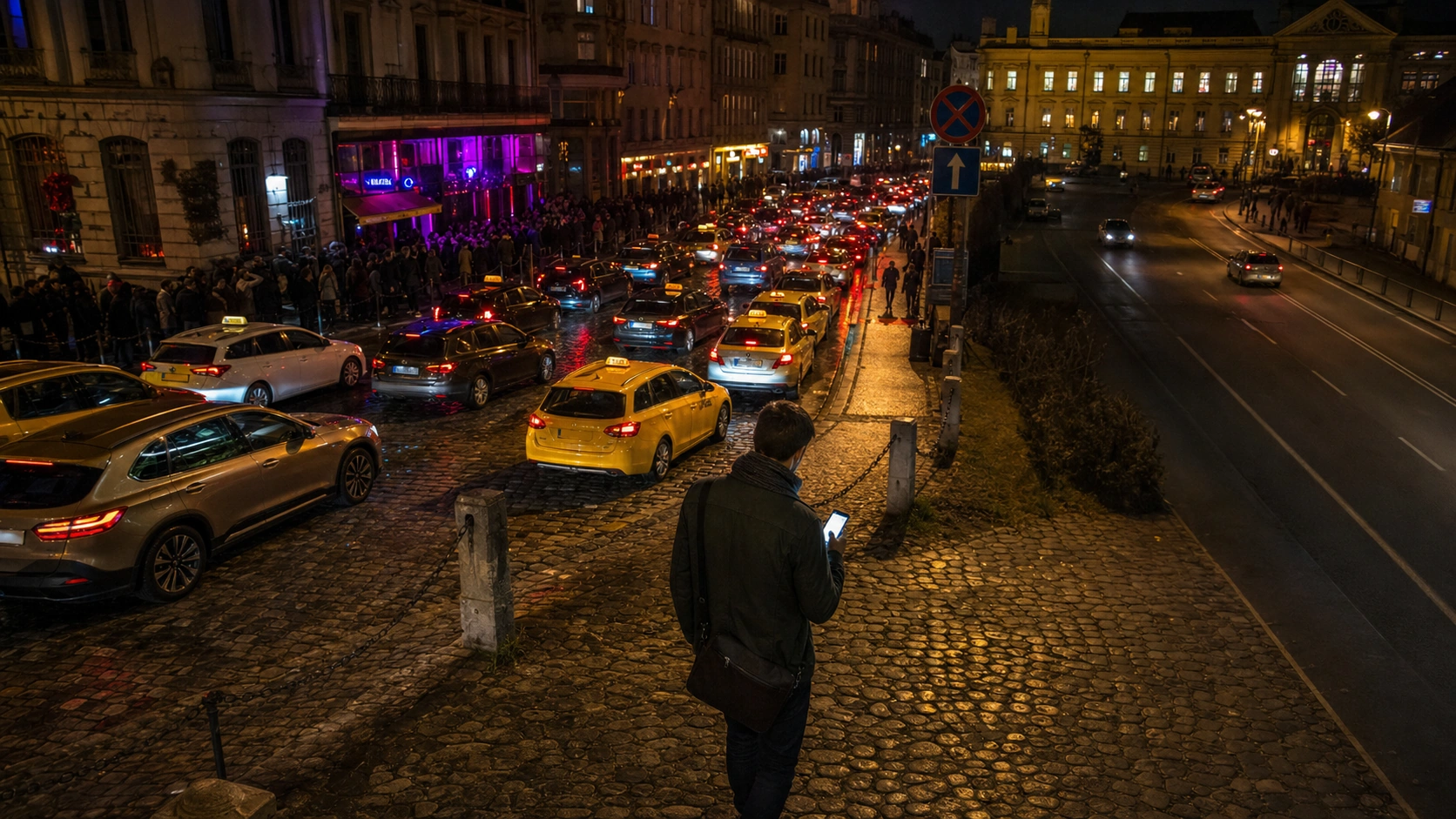 Traveler walking away from a congested Prague nightclub street to order a ride-hailing pickup
