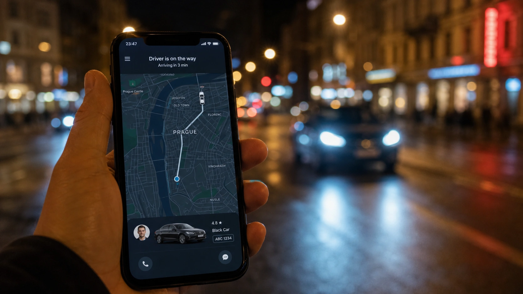 Smartphone showing a ride-hailing app map and car details for license plate verification in Prague