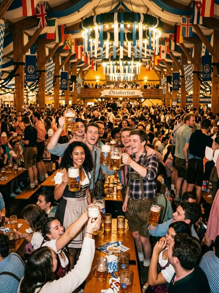 Prompt: A bustling Oktoberfest beer tent in Munich, massive crowds of international students holding 1-liter glass mugs, traditional Bavarian decorations, warm cinematic lighting, 35mm photography, realistic --ar 4:5