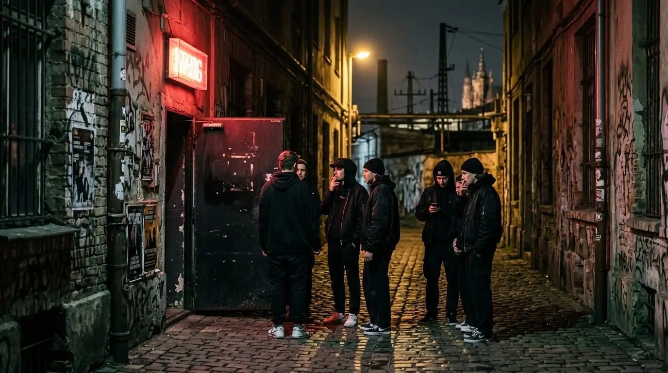 Prompt: A narrow, dimly lit industrial alleyway in Prague. Young people in dark streetwear waiting outside an unmarked door with a faint red neon light. Underground techno culture vibe, high contrast, cinematic --ar 16:9