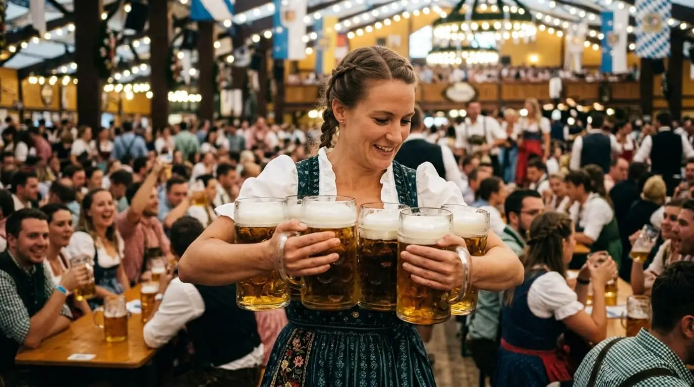 Prompt: Close up of a waitress in a traditional dirndl carrying six massive 1-liter glass beer mugs (Maß) through a crowded, brightly lit Munich beer tent. Dynamic action, authentic festival atmosphere, high quality --ar 16:9