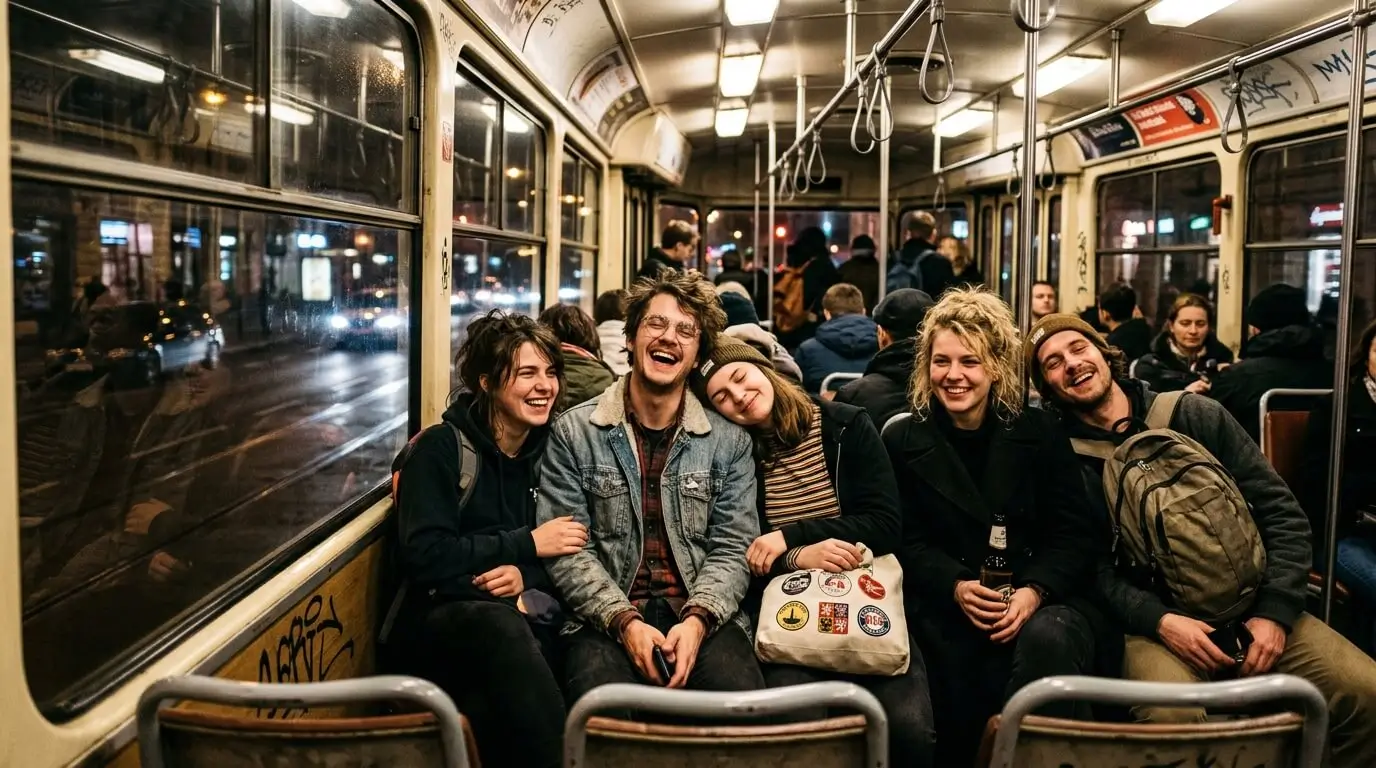 Prompt: A group of exhausted but happy young people sitting inside a brightly lit red Prague night tram at 4 AM. Dark windows reflecting the city lights outside. Documentary style, authentic nightlife logistics --ar 16:9