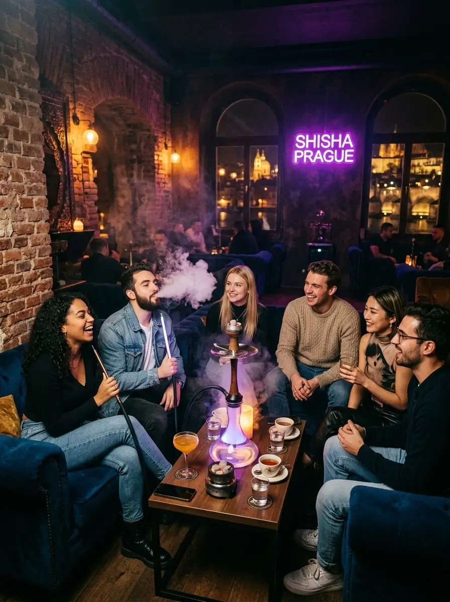 Prompt: A moody, cinematic interior of a premium shisha lounge in Prague at night. A group of stylish international students sitting on plush velvet sofas around a modern glass hookah. Thick white smoke, neon purple and warm amber lighting, 35mm photography, highly detailed --ar 4:5