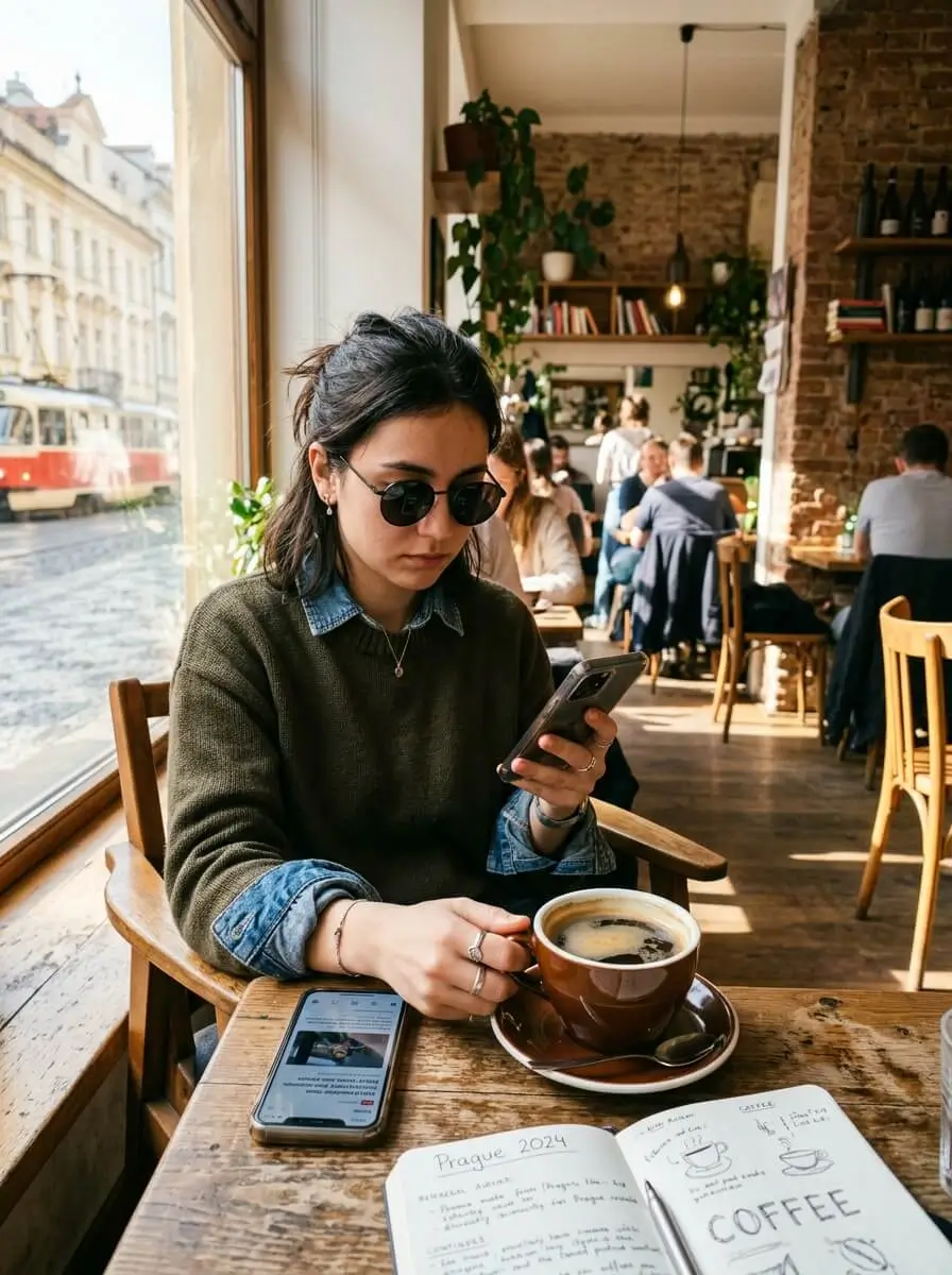 Prompt: A bright, sunny morning in a modern Prague cafe. A tired but stylish international student wearing sunglasses indoors, holding a large cup of black coffee and looking at their smartphone. Cinematic lighting, realistic lifestyle photography --ar 4:5