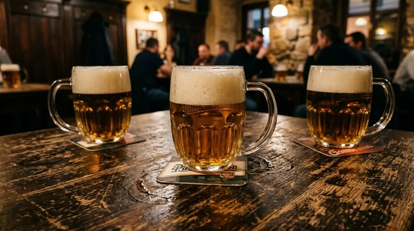 Prompt: Close up of a scarred, dark wooden table in an authentic Prague pub. Three heavy glass mugs of Pilsner with thick foam, wet coasters, dim warm lighting. Documentary style, realistic --ar 16:9