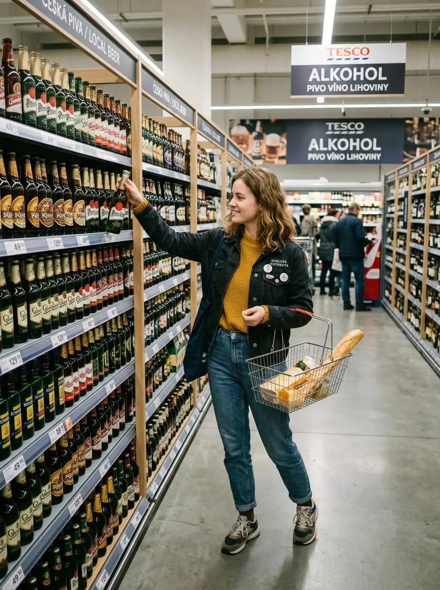 Prompt: A brightly lit alcohol aisle inside a modern European supermarket (Tesco or Albert in Prague). Shelves fully stocked with local Czech beer and spirits. A young stylish student reaching for a bottle. High quality, realistic retail photography, 35mm --ar 4:5