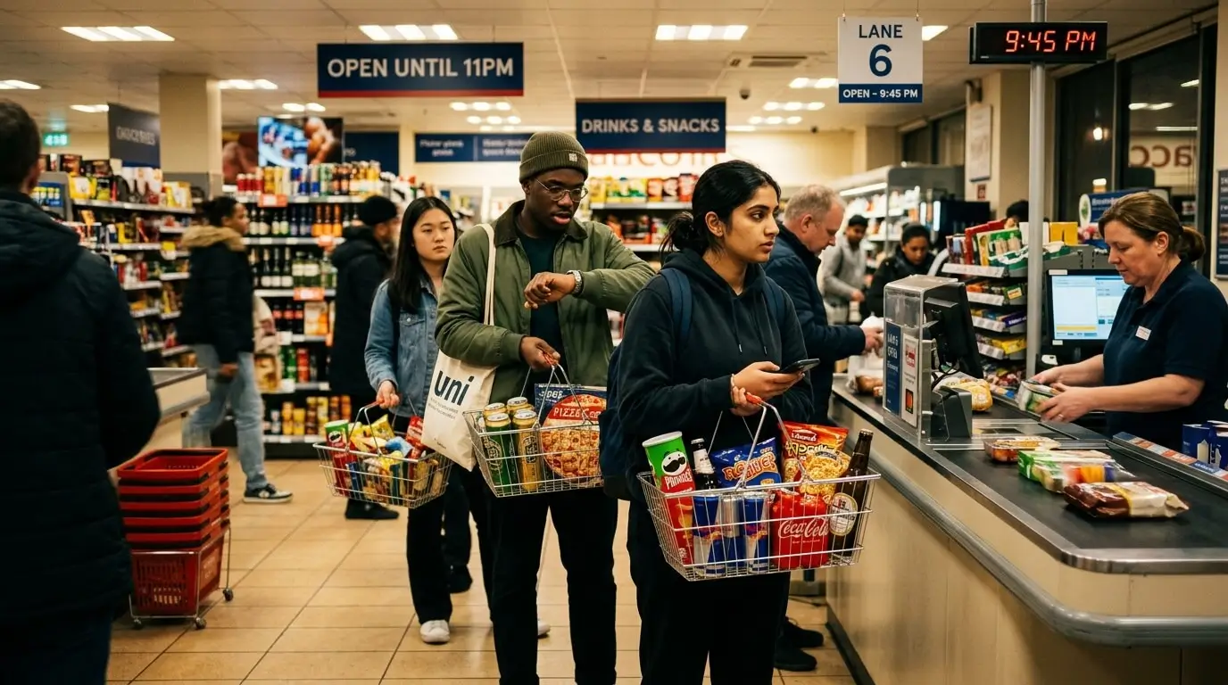 Prompt: A bustling supermarket checkout line at 9:45 PM. Young international students holding baskets full of drinks and snacks, looking rushed. Cinematic lighting, urban lifestyle photography, realistic --ar 16:9
