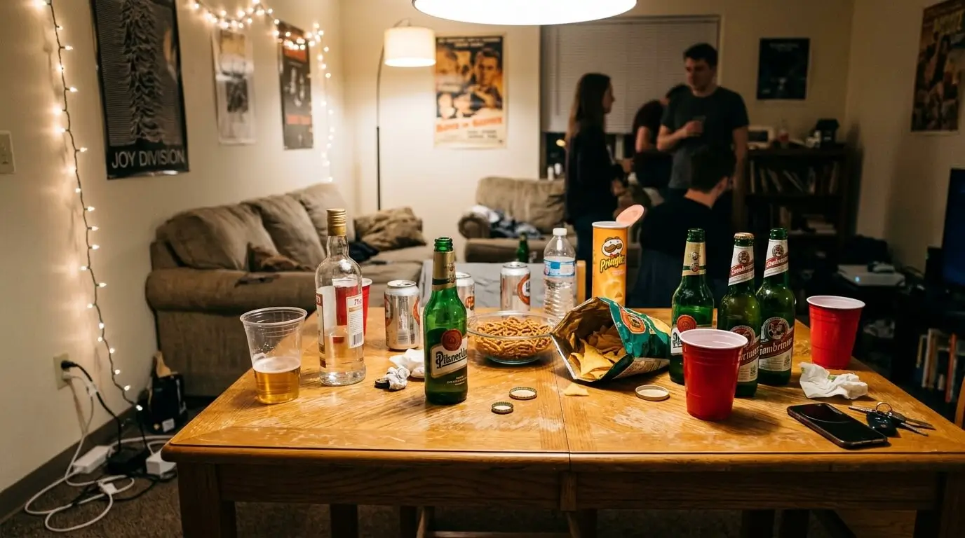 Prompt: A typical student pregame setup on a wooden table. A bottle of clear liquor, several green Czech beer bottles, plastic cups, and snacks. Authentic college apartment atmosphere, warm lighting, documentary style --ar 16:9